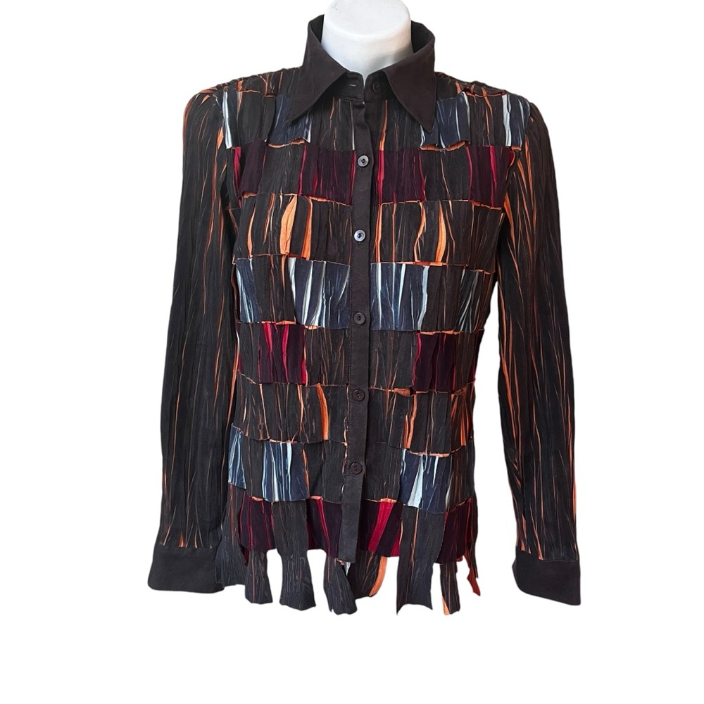 Vintage Fantazia Faux Suede Weaved Shredded Button Down Shirt Brown/Multi, Sz S